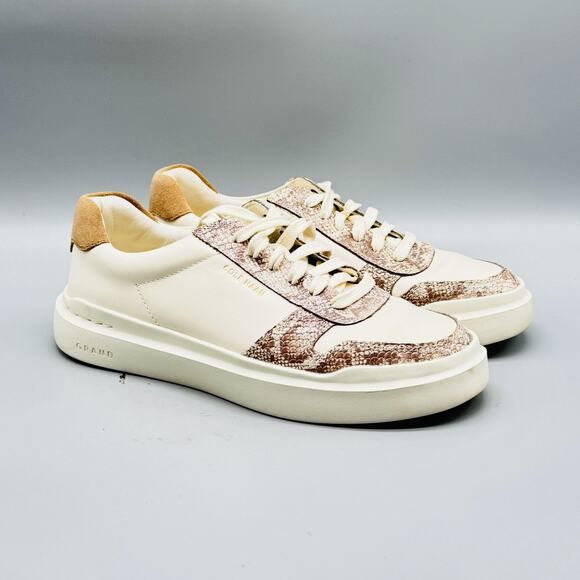 Cole Haan Shoes Womens 5 Ivory Leather Grandseries Snake Print Low Top Sneakers - Picture 1 of 12